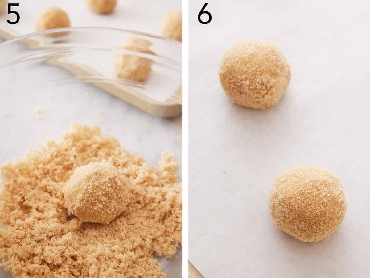 Set of two photos showing dough balls rolled in brown sugar and placed on a sheet pan.