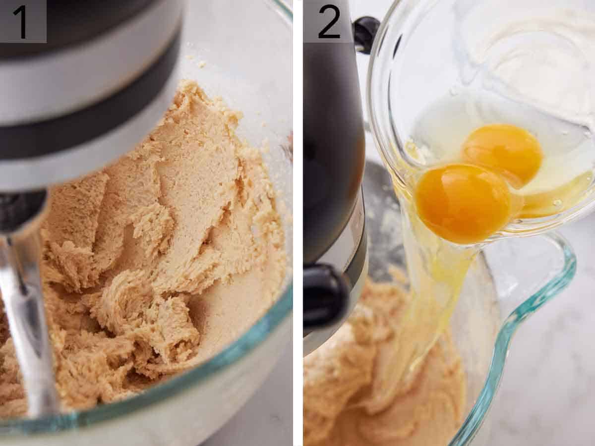 Set of two photos showing butter creamed in a mixer and eggs added.