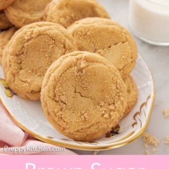 Pinterest graphic of a platter of brown sugar cookies and a glass of milk beside it.