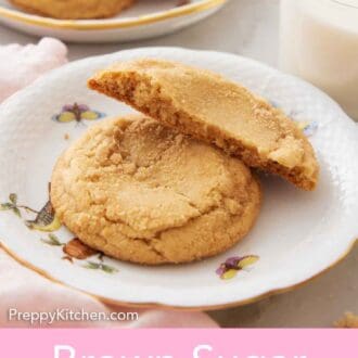 Pinterest graphic of a plate with a brown sugar cookie with a half cookie stacked on top.