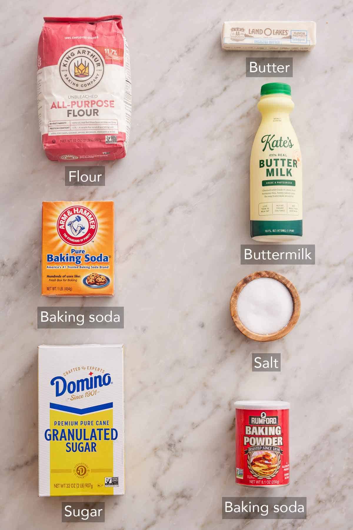 Ingredients needed to make buttermilk biscuits.
