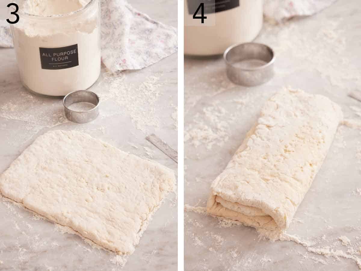 Set of two photos showing dough rolled out then folded.