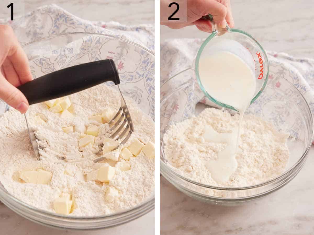 Set of two photos showing butter being cut into dry ingredients and wet ingredients added to dry.