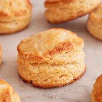 A close up view of a buttermilk biscuit, showing its height, with more surrounding it.