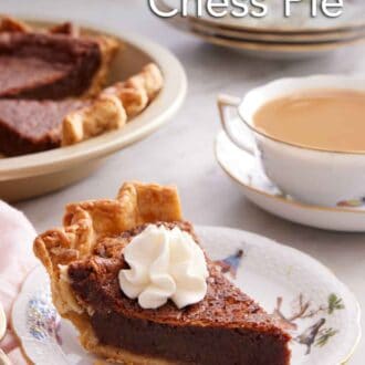 Pinterest graphic of a slice of chocolate chess pie with a cup of coffee in the back along with the rest of the pie.