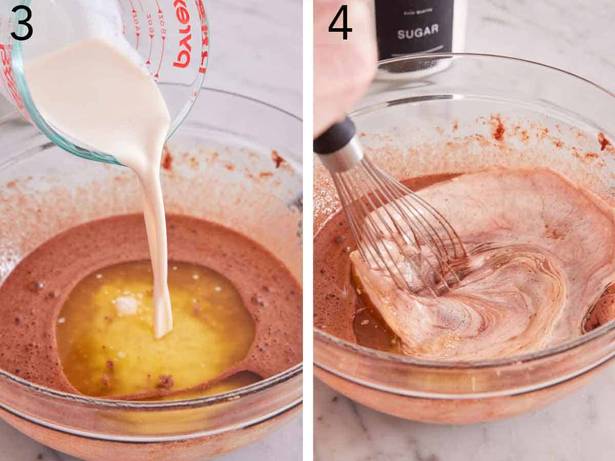 Set of two photos showing evaporated milk added to the mixture and whisked together.