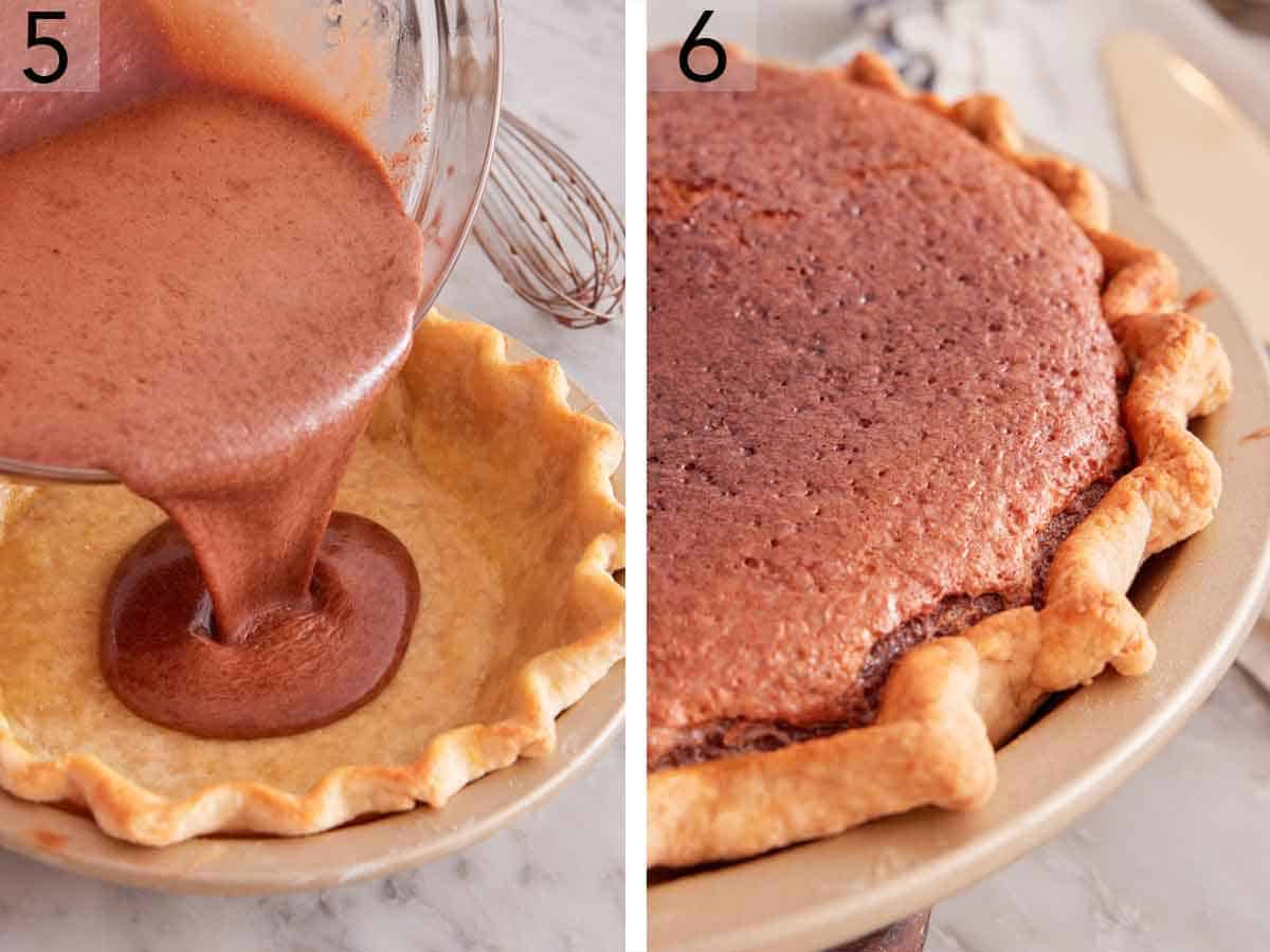 Set of two photos showing pie filling poured into a baked pie crust and then baked.