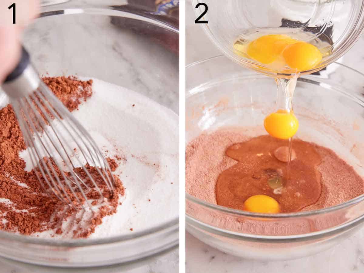 Set of two photos showing dry ingredients whisked together and eggs added to it.
