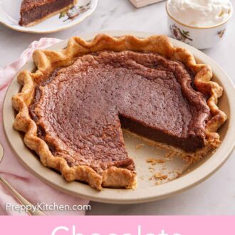 Pinterest graphic of a chocolate chess pie in a baking dish, with a slice taken out and placed on a plate.