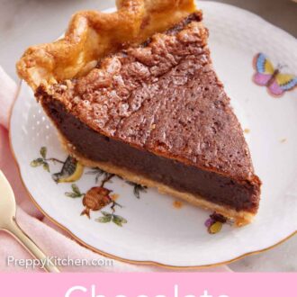 Pinterest graphic of a slice of chocolate chess pie on a plate.