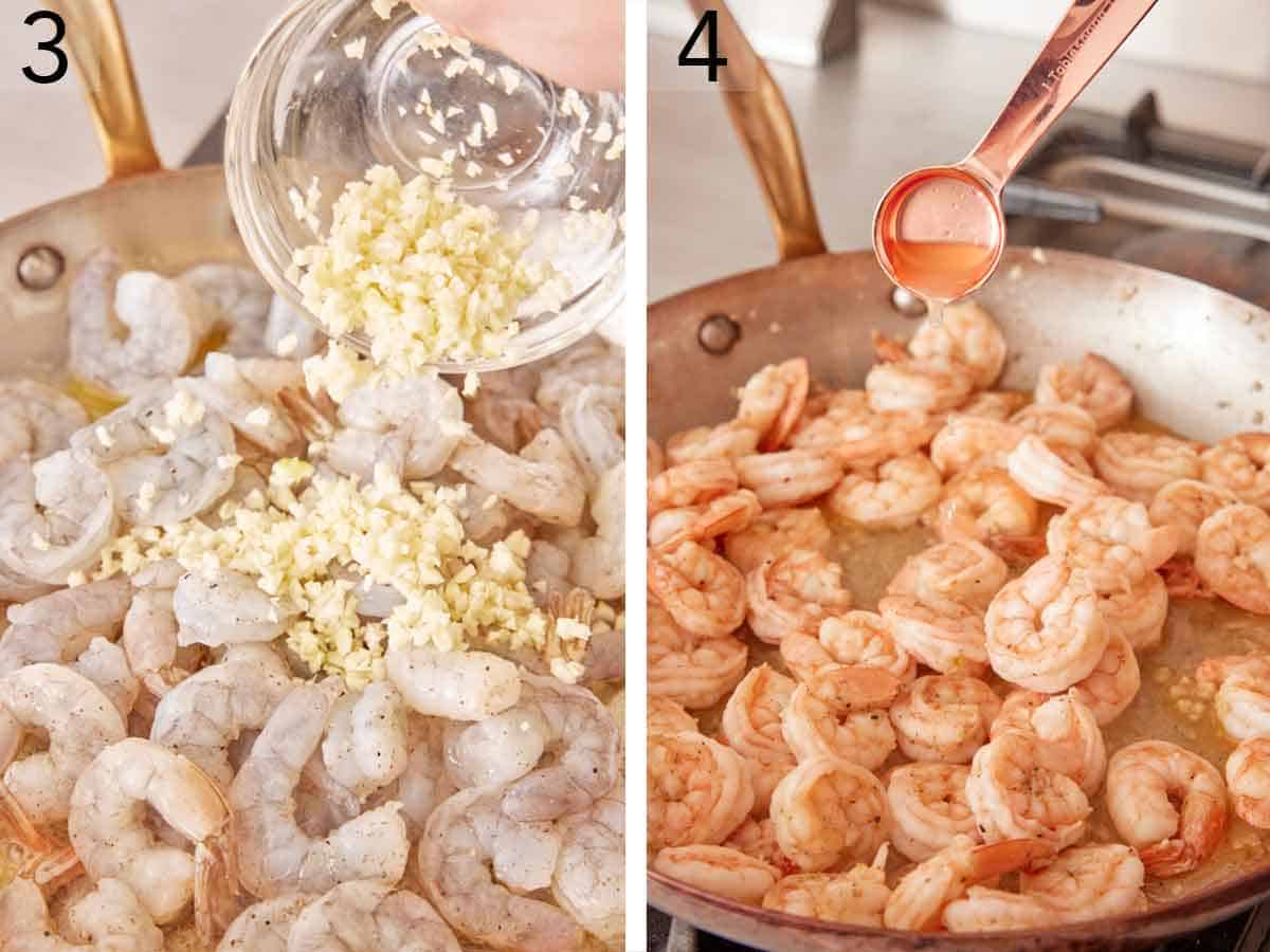 Set of two photos showing garlic and lemon juice added to the skillet of shrimp.