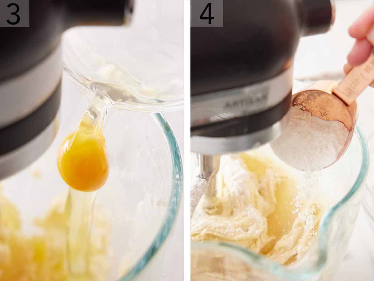 Set of two photos showing egg and dry mixture added to the mixer.
