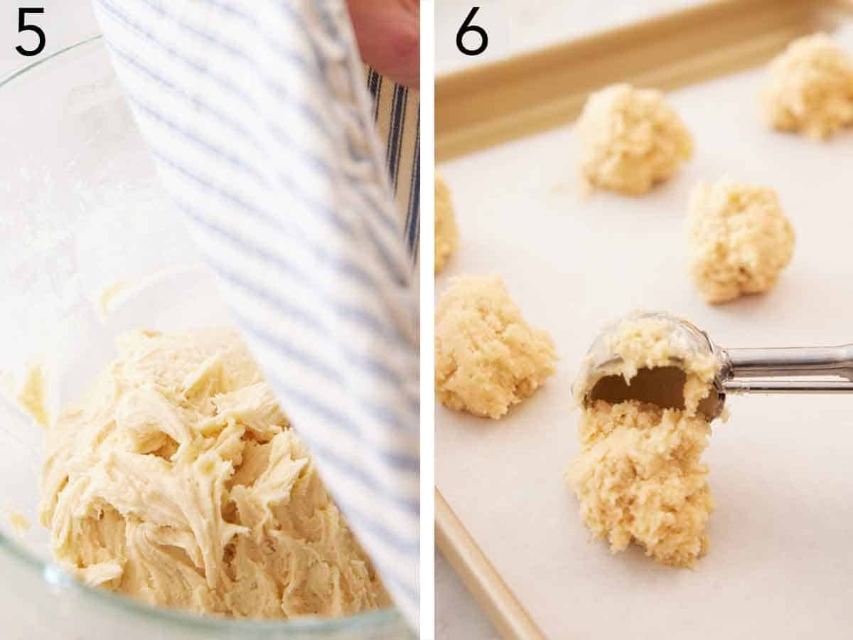 Set of two photos showing dough covered to chill and then scooped on to a sheet pan.