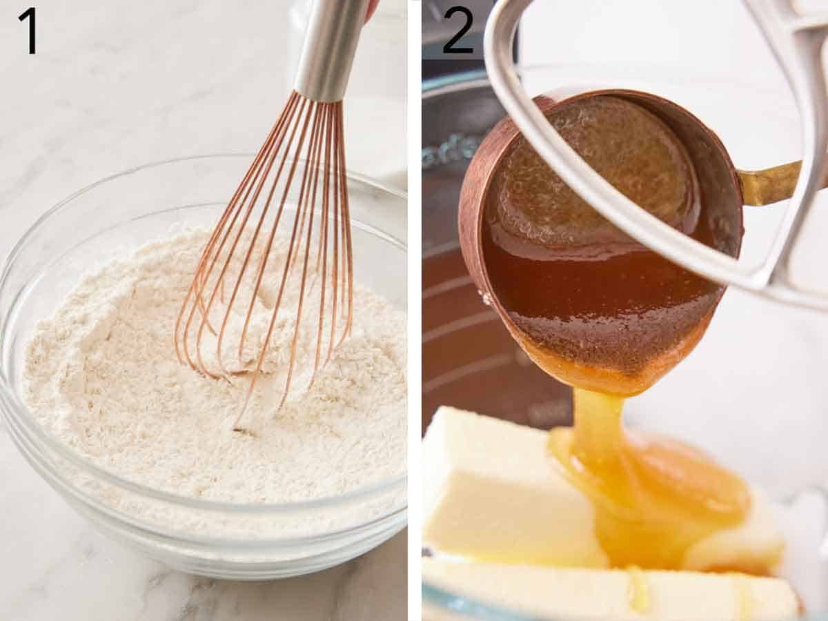 Set of two photos showing dry ingredients whisked together and honey added to the mixer with butter.