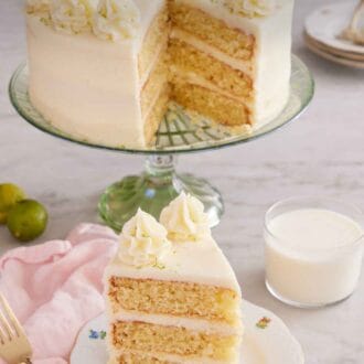 Pinterest graphic of a slice of key lime cake on a plate with a glass of milk and cut cake in the background.