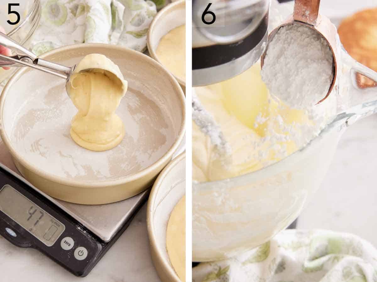 Set of two photos showing batter added to a floured cake pan and powdered sugar added to a mixer.