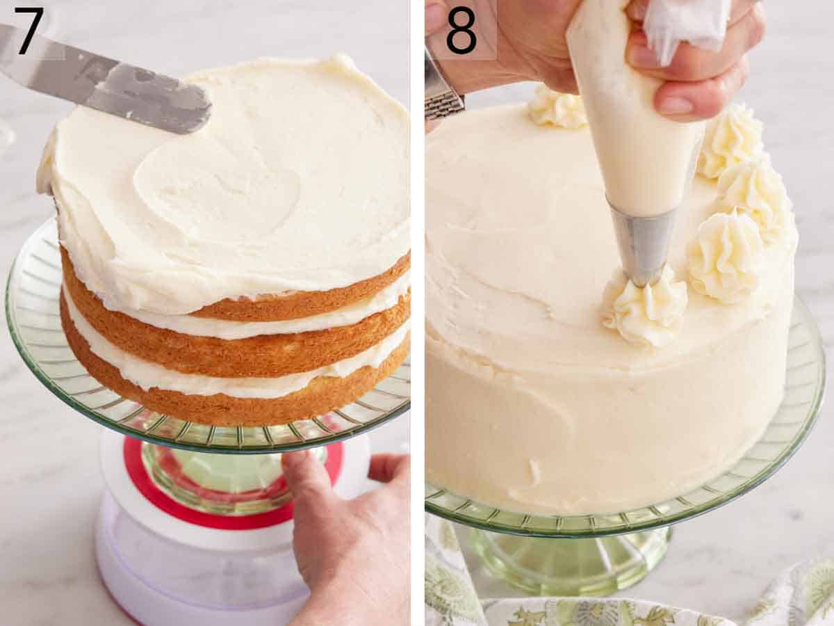 Set of two photos showing frosting spread onto the stacked cake layers and frosting piped on top.