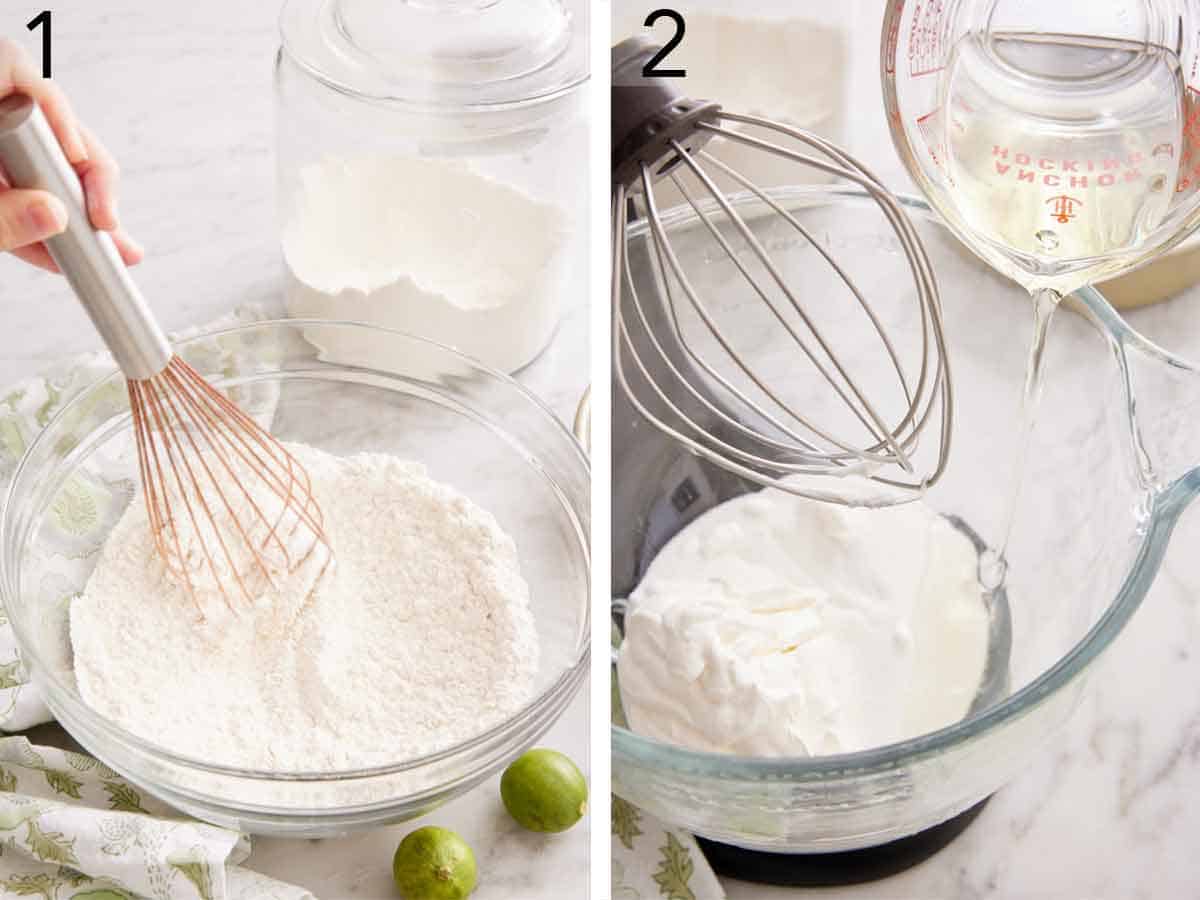 Set of two photos showing dry ingredients whisked together and oil added to sour cream in a mixer.