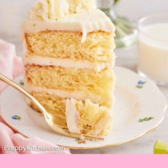 Pinterest graphic of a slice of key lime cake with a fork with a piece of it in front.