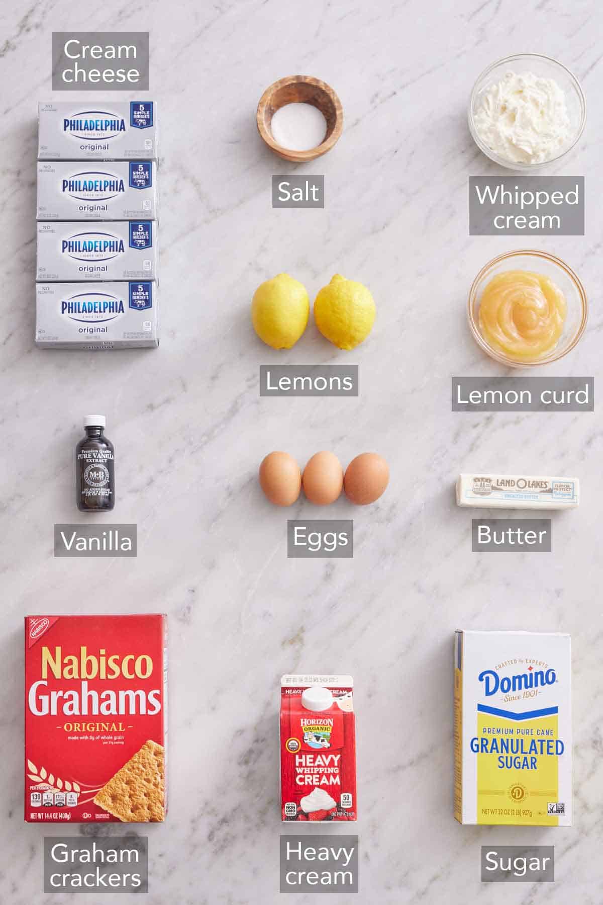 Ingredients needed to make lemon cheesecake.