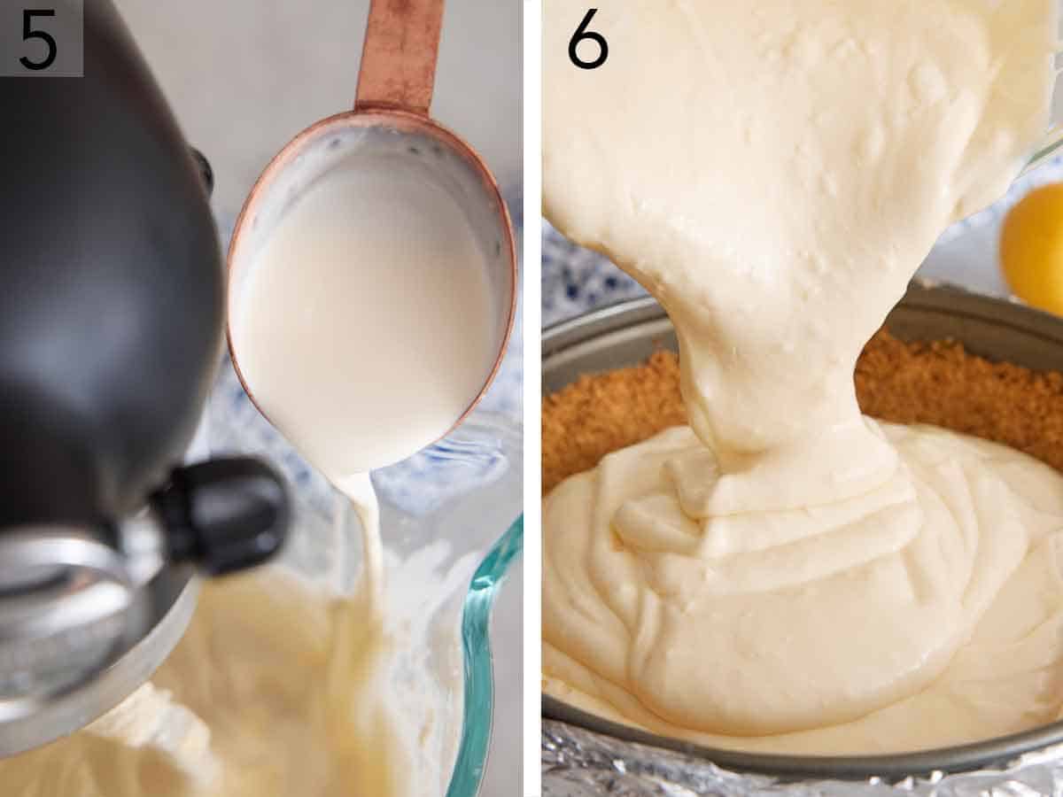 Set of two photos showing cream added to the mixer and the filling poured into a graham cracker crust.
