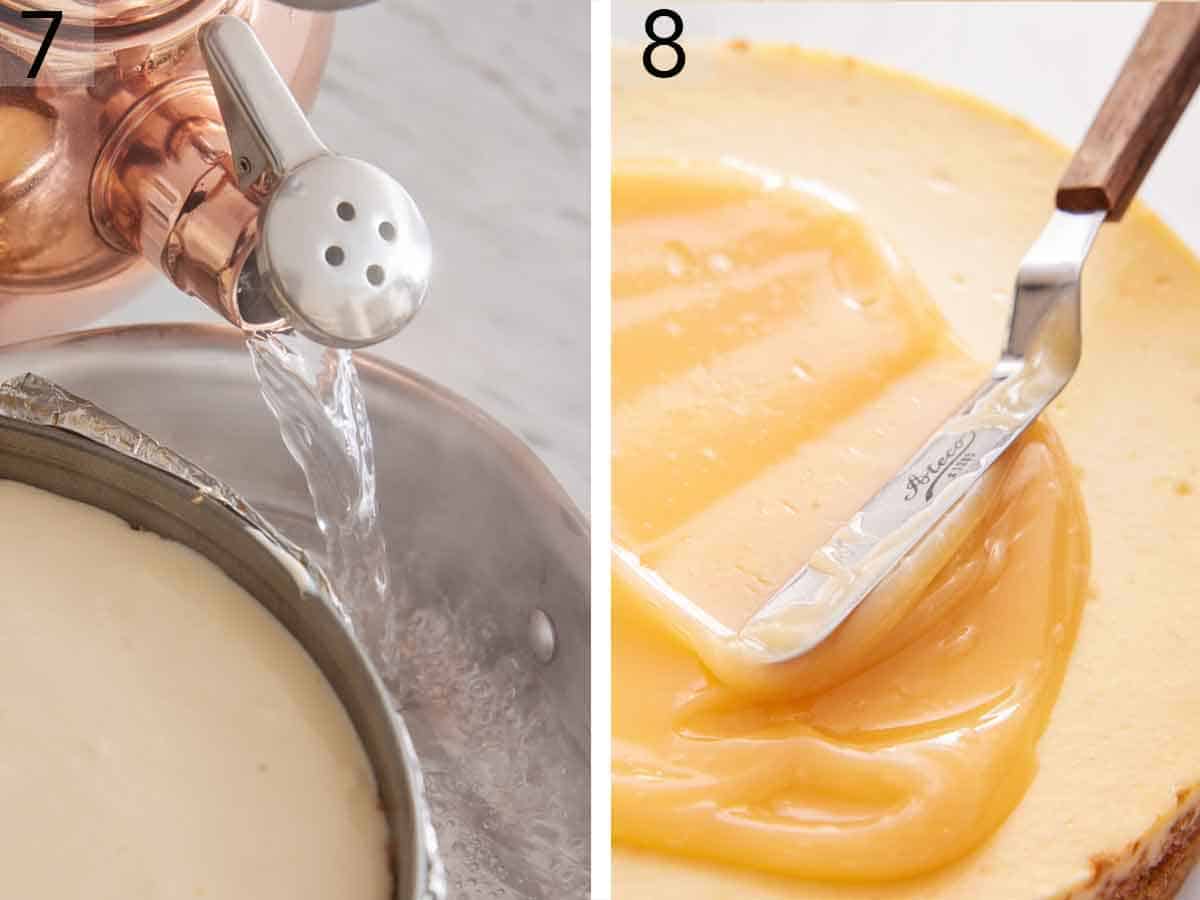 Set of two photos showing hot water poured to create a water bath and lemon curd spread over the top of the baked cake.