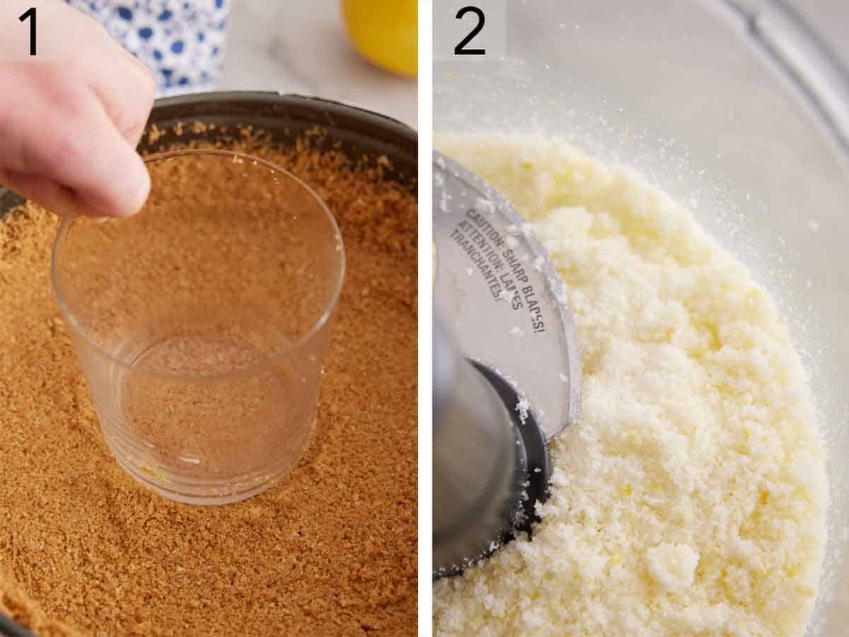 Set of two photos showing graham cracker crumbs pressed into the pan and sugar blended with zest.