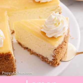 Pinterest graphic of a slice of lemon cheesecake pulled from the rest of the cake.