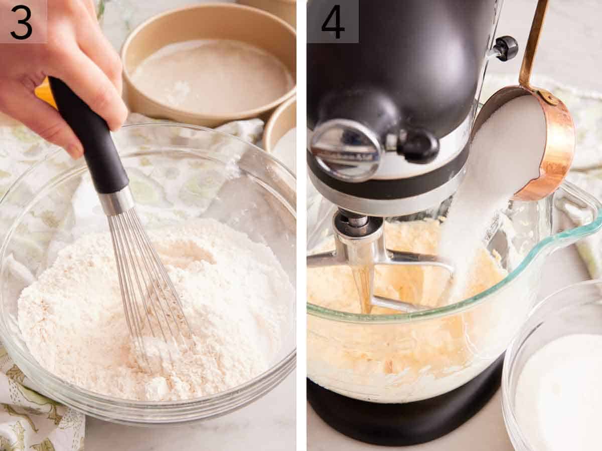 Set of two photos showing dry ingredients whisked together and sugar added to a mixer with butter.