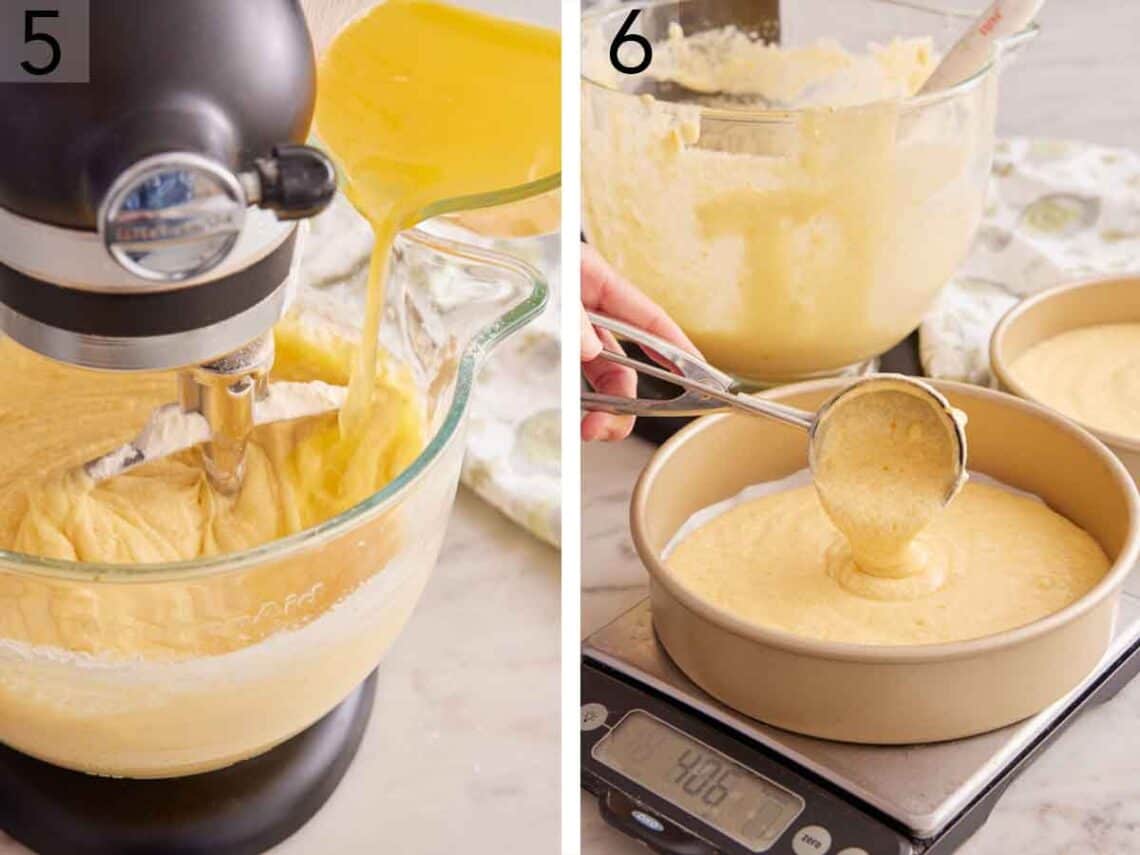Set of two photos showing orange juice added to the mixer of batter then scooped into a prepared cake pan.