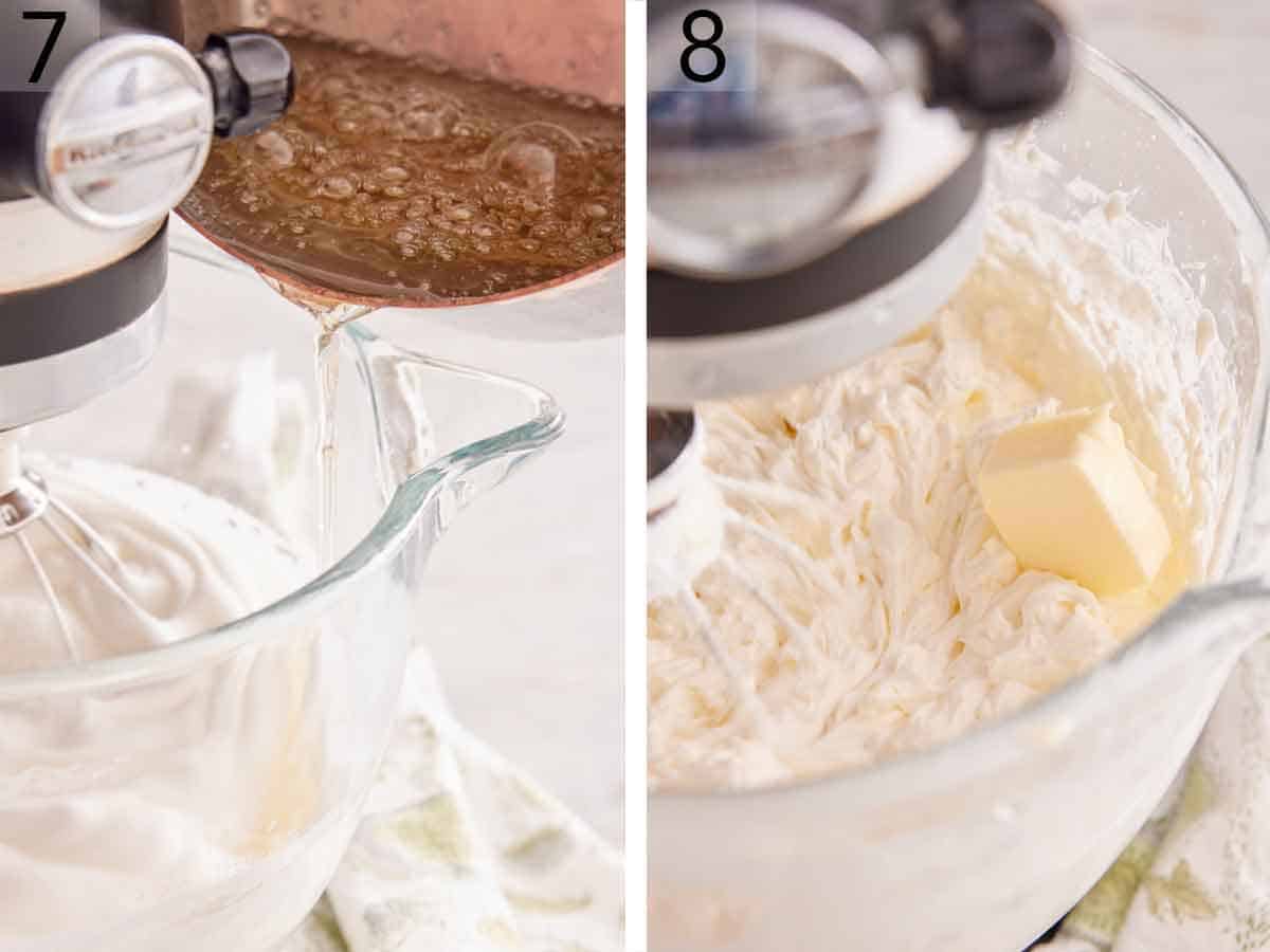 Set of two photos showing sugar syrup poured into whipped egg whites then cubed butter added.