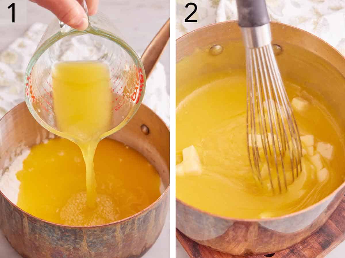 Set of two photos showing orange juice poured into a sauce pan then butter whisked in.