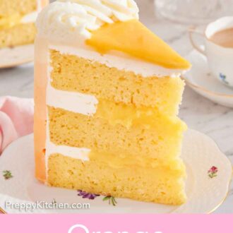 Pinterest graphic of a slice of orange creamsicle cake on a plate, showing the three layers of frosting and curd in between.