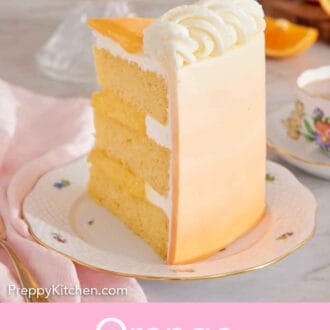 Pinterest graphic of the back view of a slice of orange creamsicle cake, showing the ombre orange frosting.