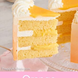 Pinterest graphic of a slice of orange creamsicle cake lifted from a cake on a cake stand.
