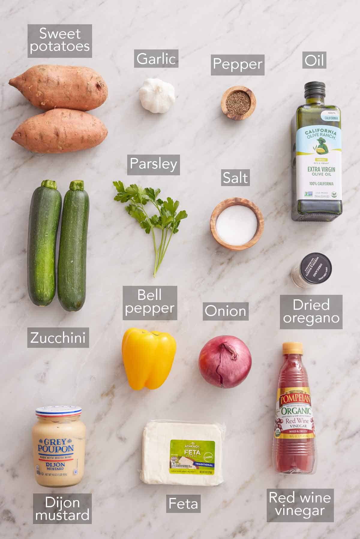 Ingredients needed to make a roasted vegetable salad.