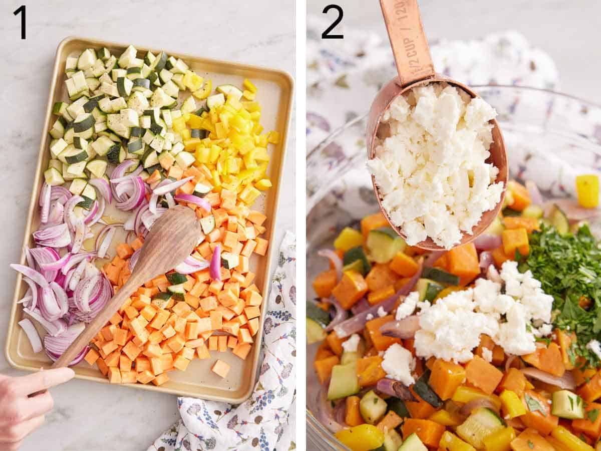 Set of two photos showing chopped veggies added to a sheet pan and feta cheese added to a bowl of the veggies.