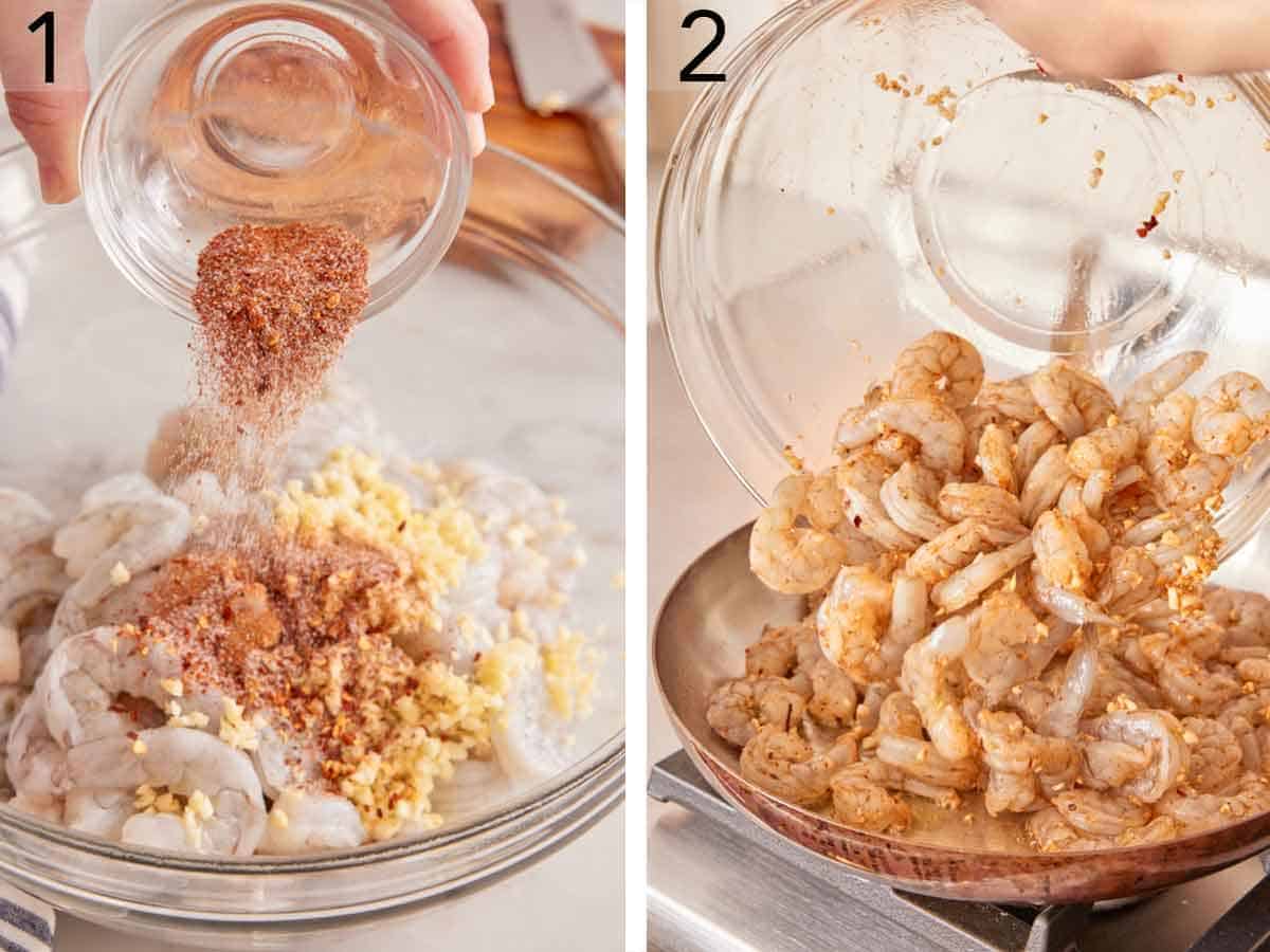 Set of two photos showing seasoning added to the bowl of shrimp and then transferred to a skillet.