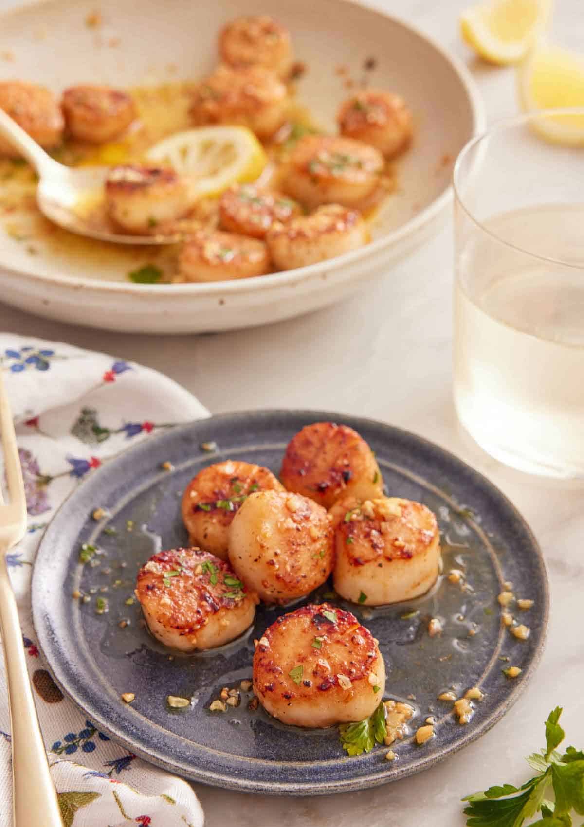 A plate with a serving of seared scallops with a glass of wine and the rest of the scallops in the background.
