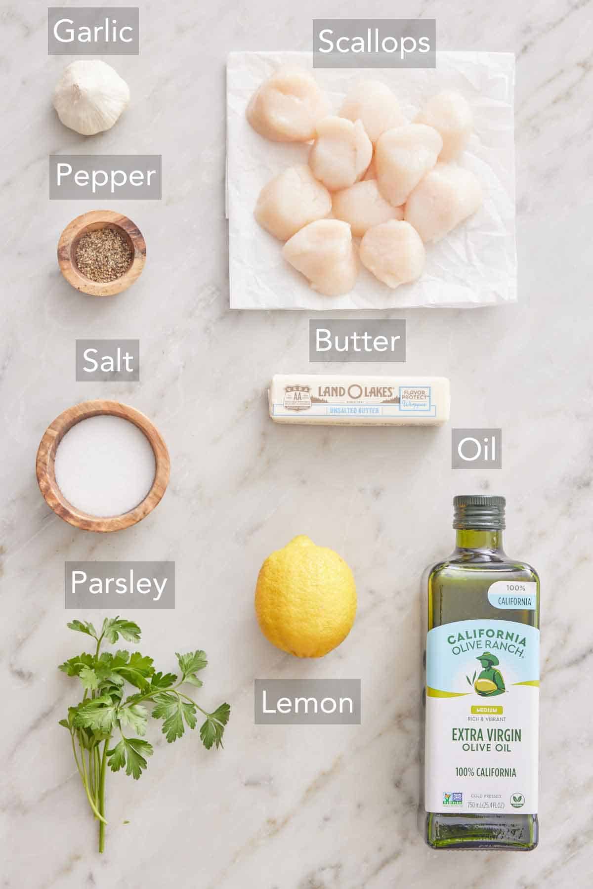 Ingredients needed to make seared scallops.