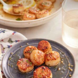 Pinterest graphic of a plate of seared scallops with a glass of wine and additional scallops in the background.