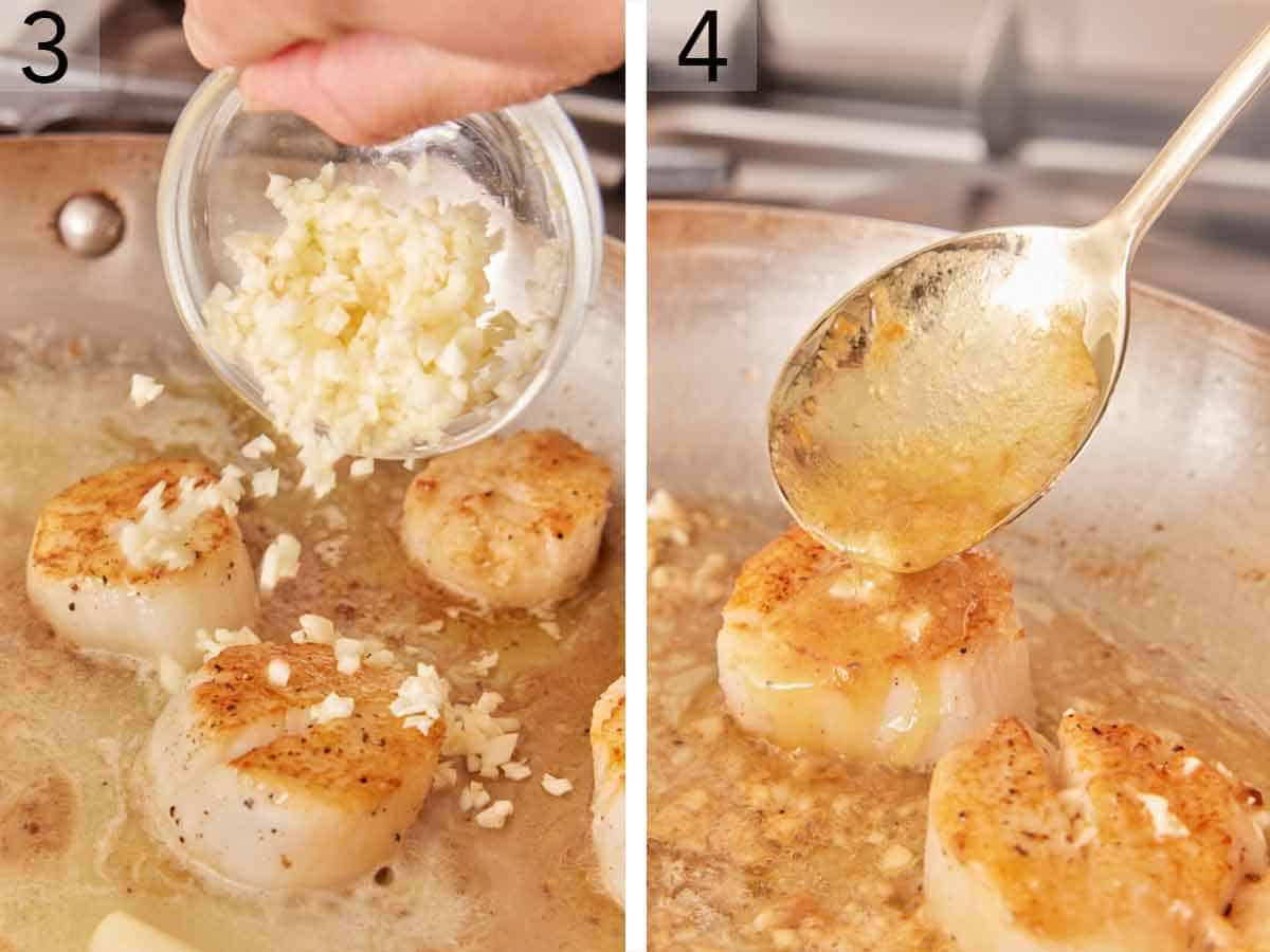 Set of two photos showing minced garlic added to the skillet and liquid spooned over top.