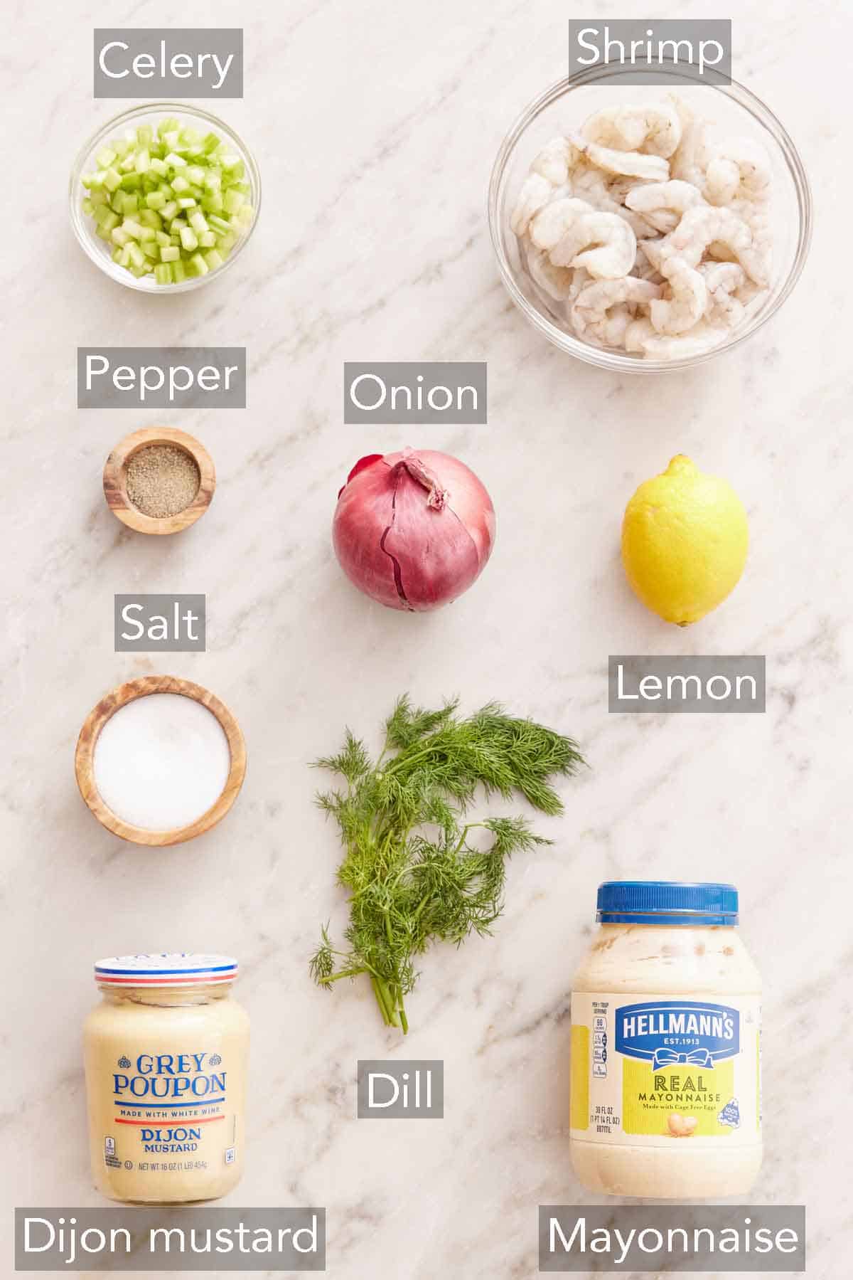 Ingredients needed to make shrimp salad.