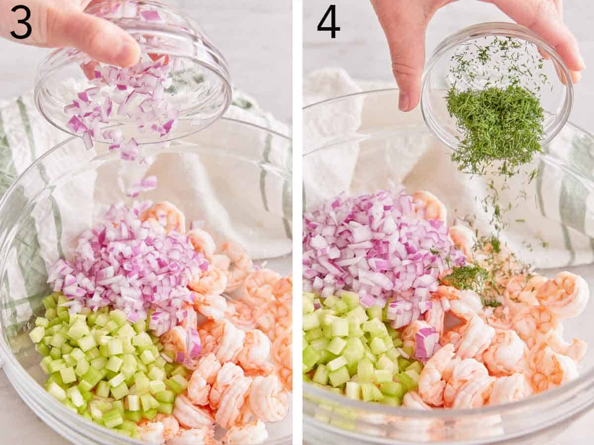 Set of two photos showing diced red onions and chopped dill added to a bowl.
