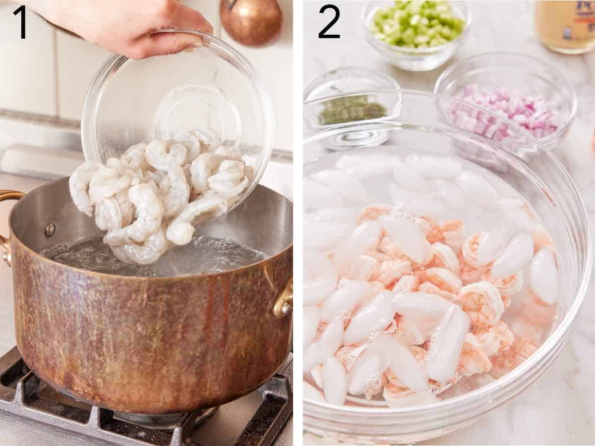 Set of two photos showing shrimp added to water in a pot then in a bowl of ice water.