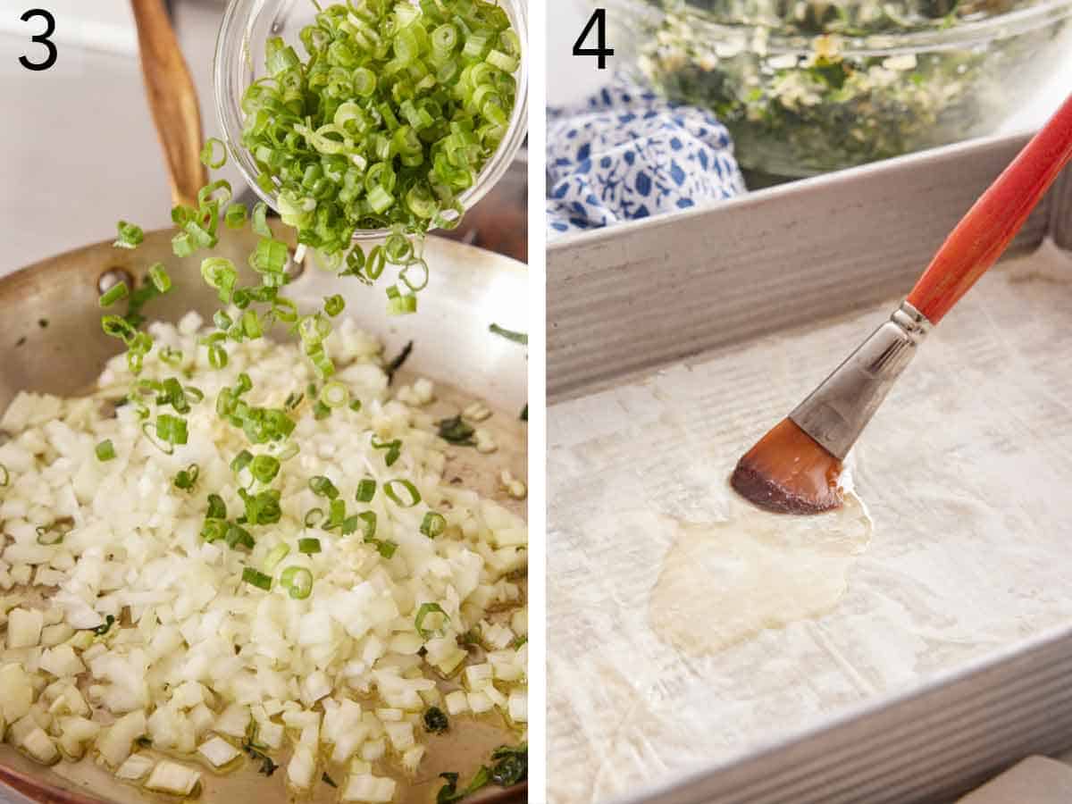 Set of two photos showing green onions added to onions in a skillet and phyllo sheets brushed with butter.