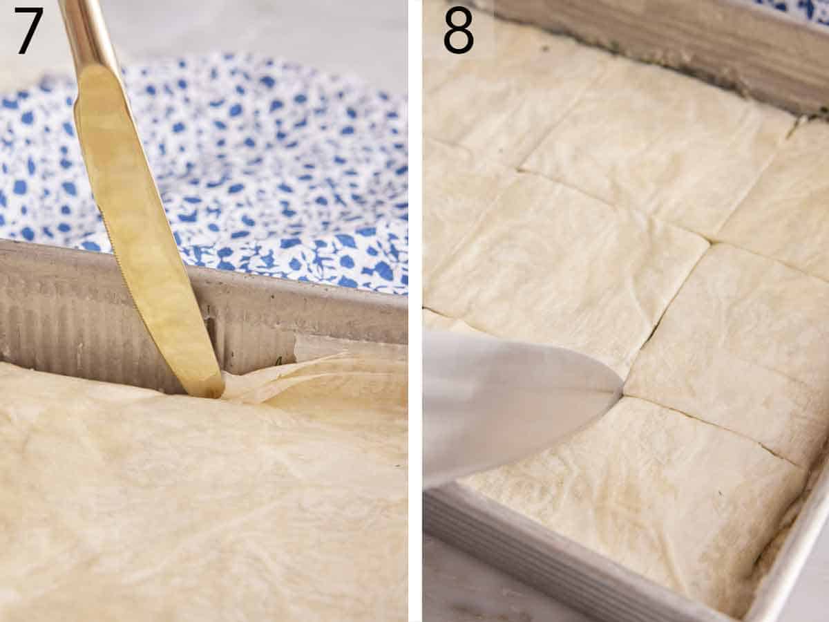Set of two photos showing phyllo sheet tucked into the side and sliced.