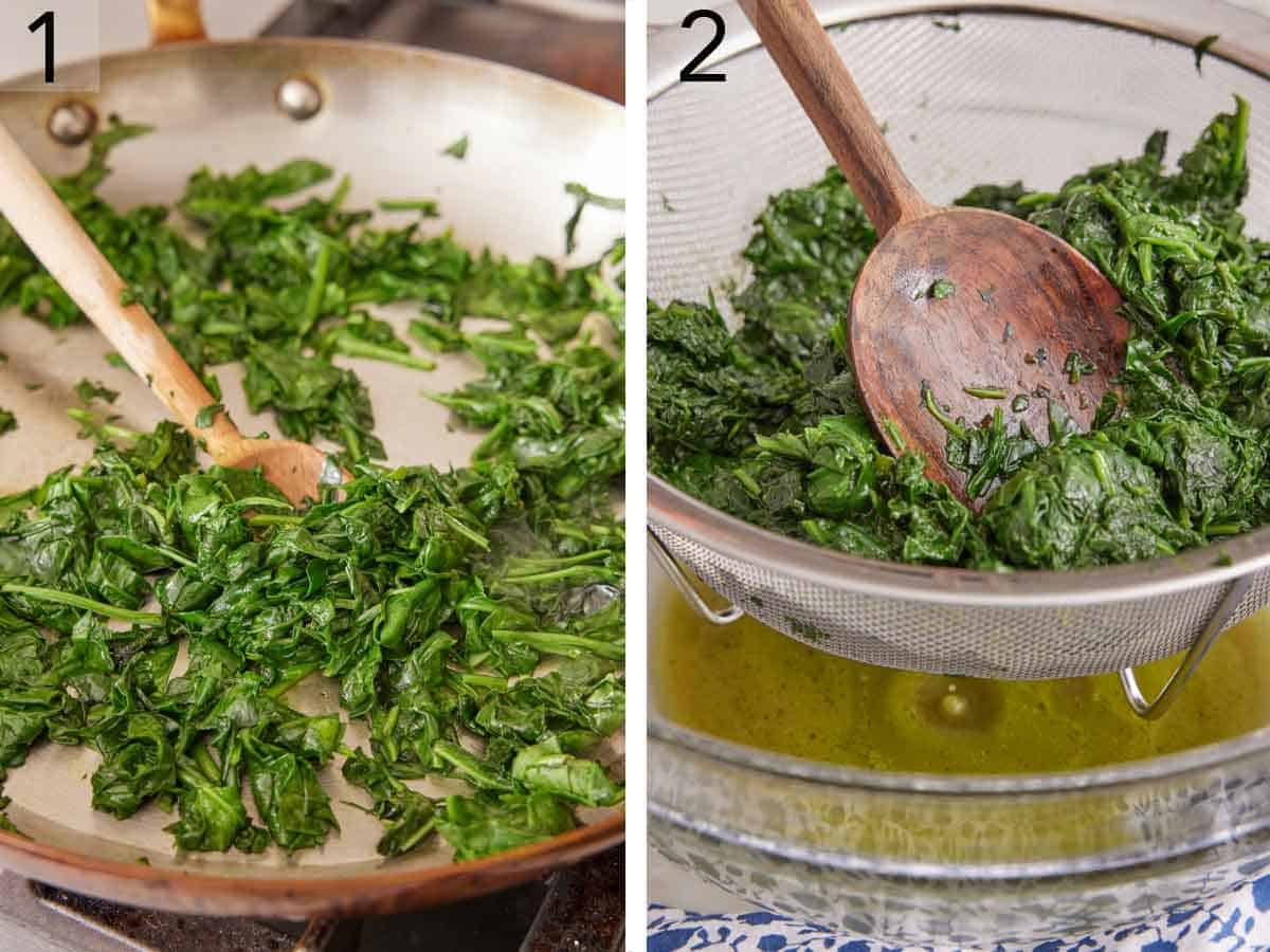 Set of two photos showing spinach cooked and drained.