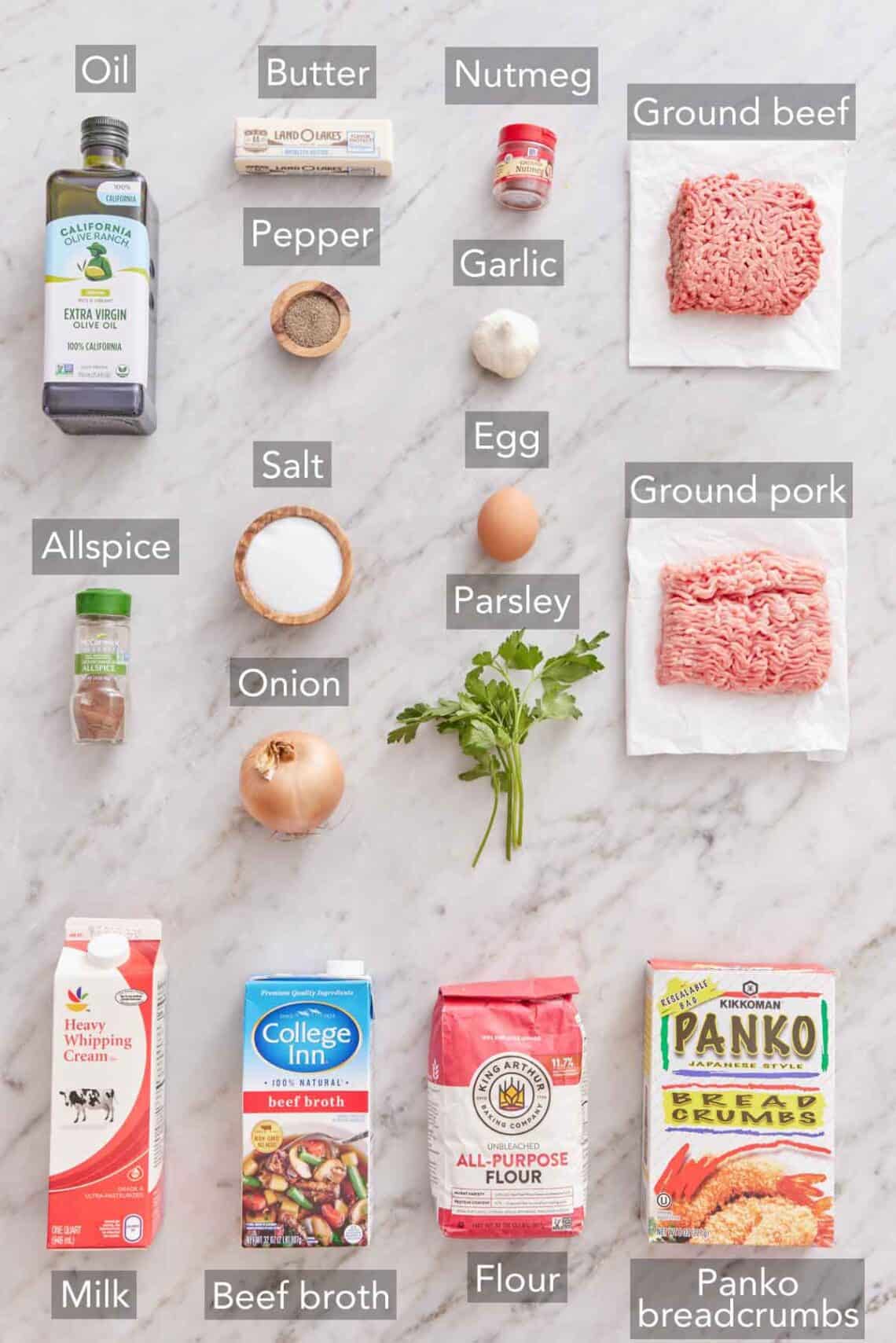 Ingredients needed to make Swedish meatballs.