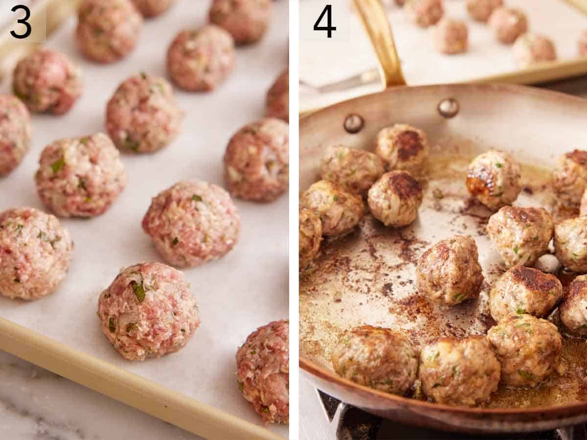 Set of two photos showing meatballs rolled on a sheet pan and browned in a skillet.